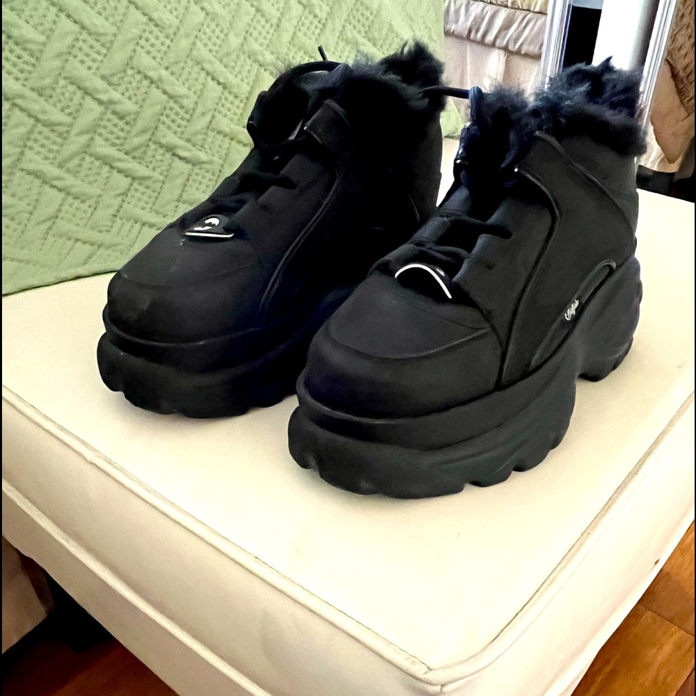 Black platform sneakers fur trimmed. Like new